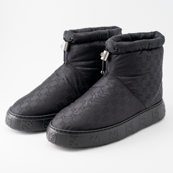 size 9G - Gucci GG Nylon Jacquard Ankle Boots Black Padded Drawstring